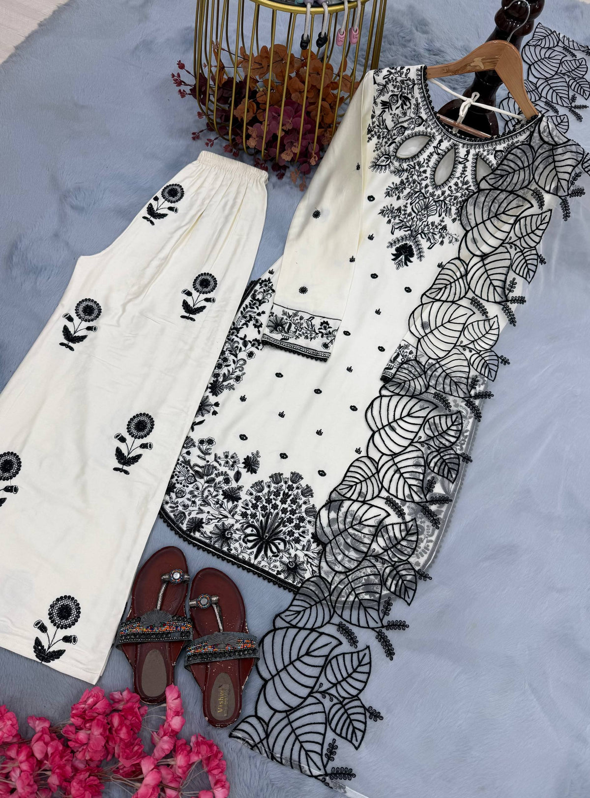 Designer Pure Satin Rayon Embroidered Long Kurti with Palazzo & Cutwork Organza Dupatta Set