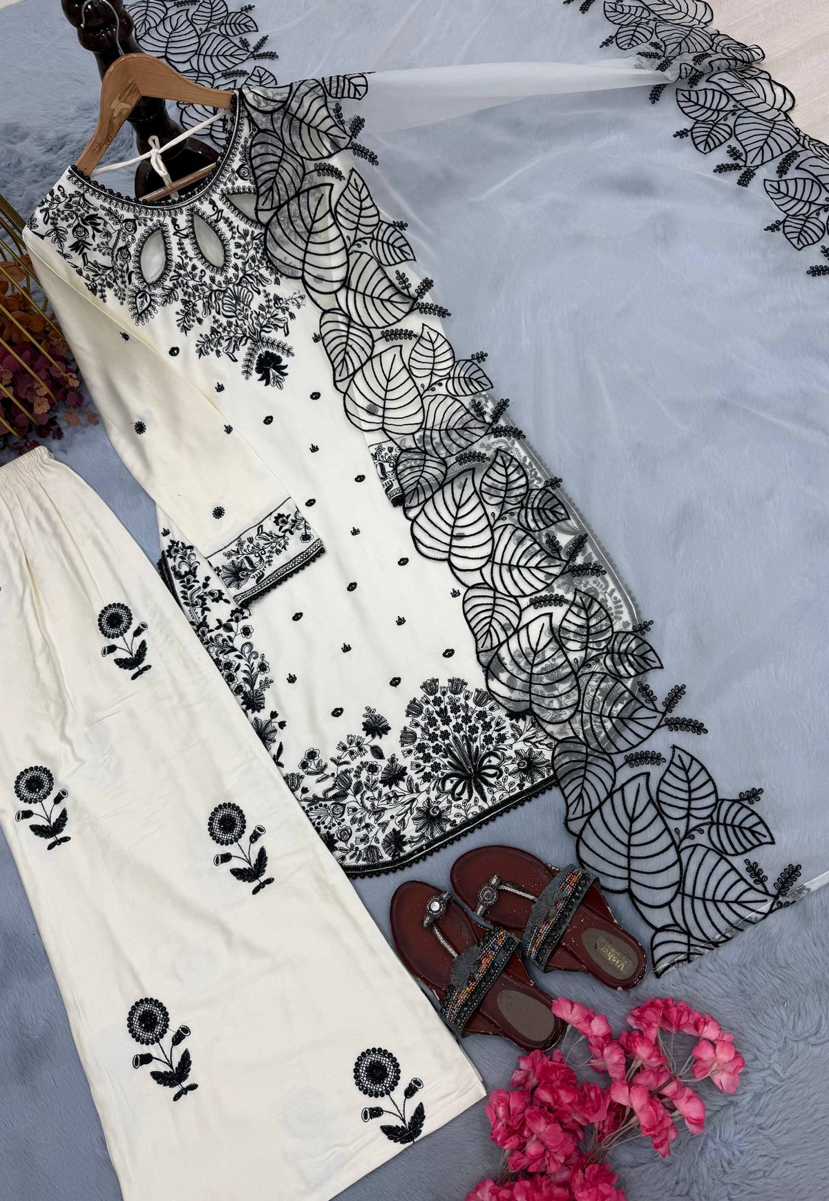 Designer Pure Satin Rayon Embroidered Long Kurti with Palazzo & Cutwork Organza Dupatta Set