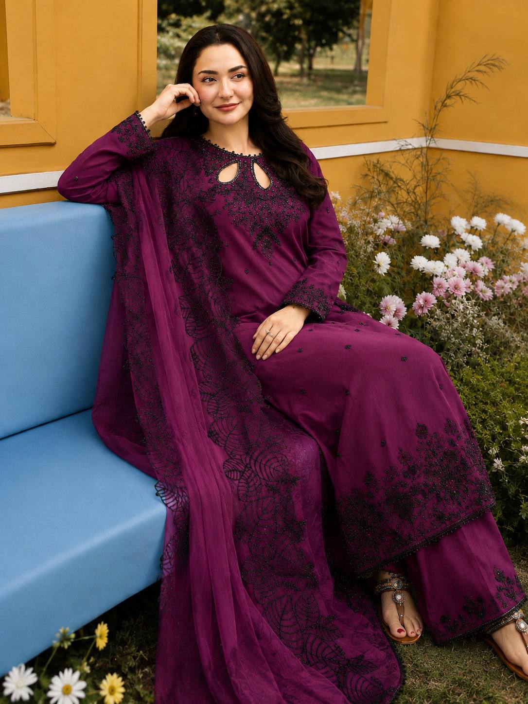 Designer Pure Satin Rayon Embroidered Long Kurti with Palazzo & Cutwork Organza Dupatta Set