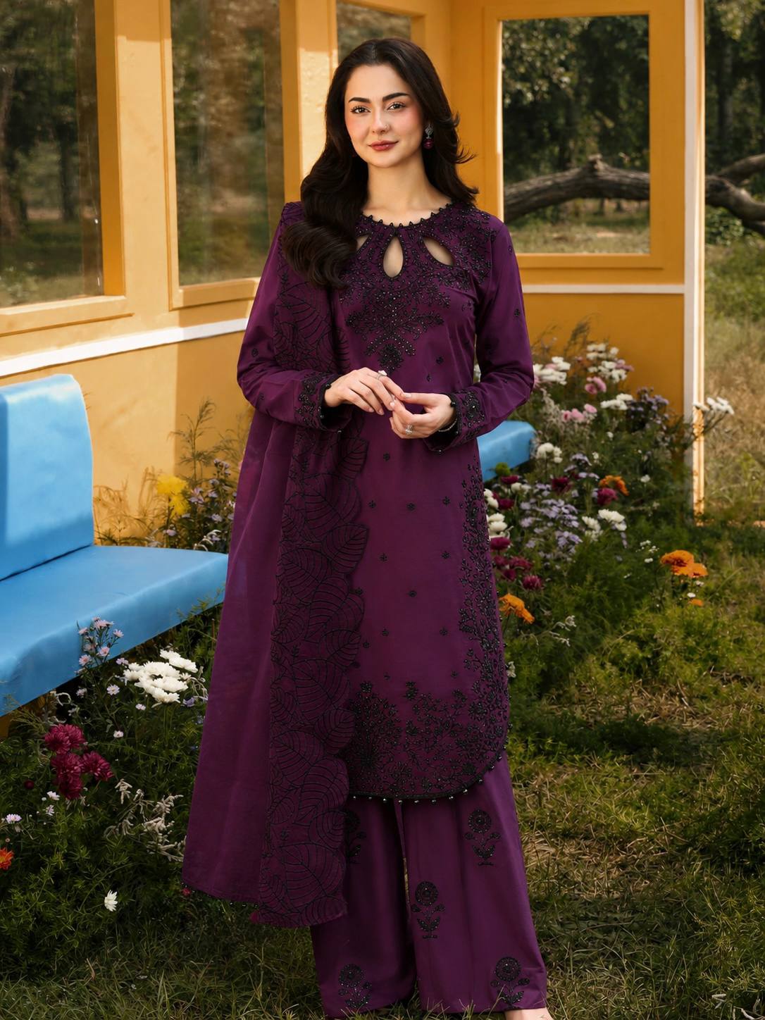 Designer Pure Satin Rayon Embroidered Long Kurti with Palazzo & Cutwork Organza Dupatta Set