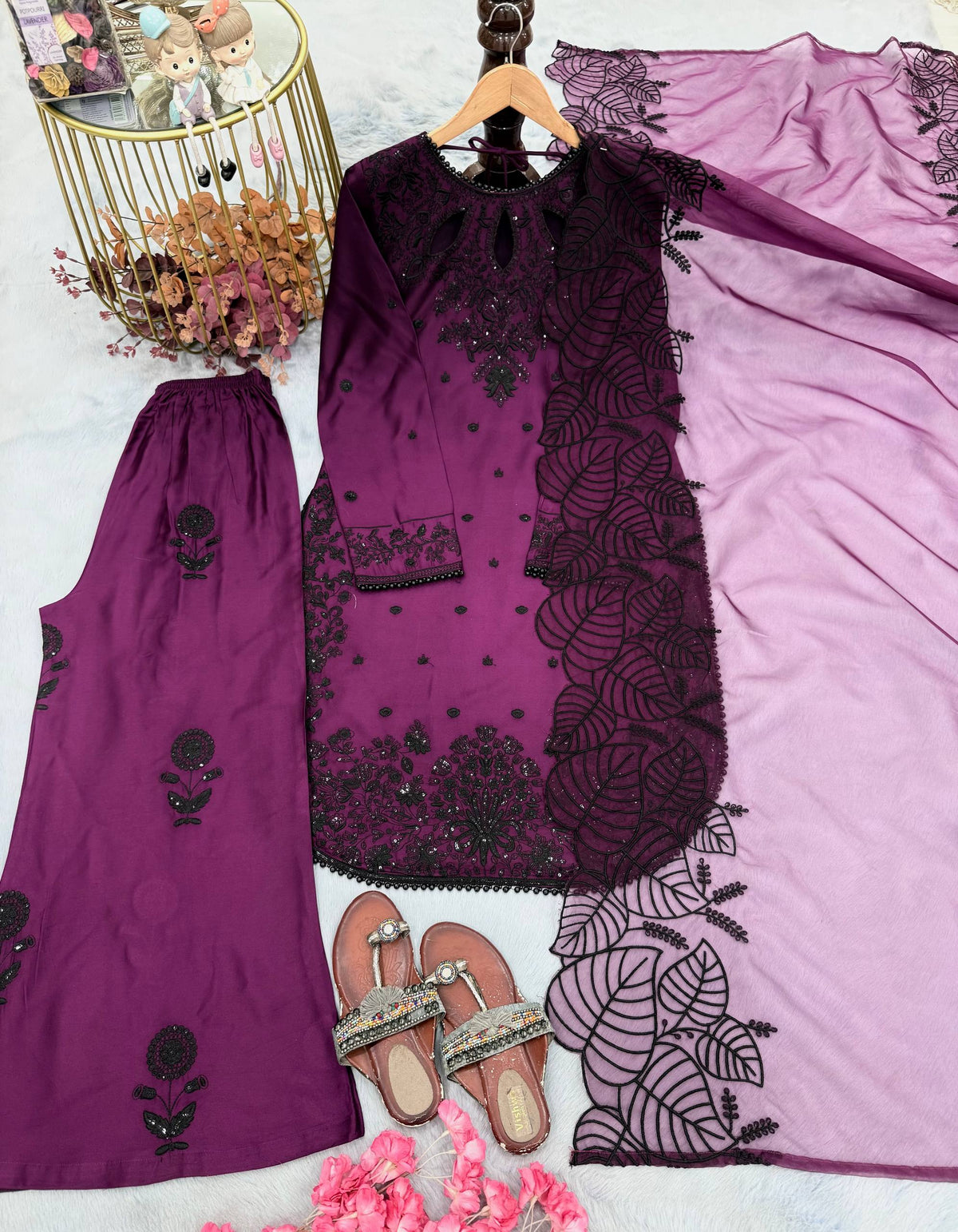 Designer Pure Satin Rayon Embroidered Long Kurti with Palazzo & Cutwork Organza Dupatta Set