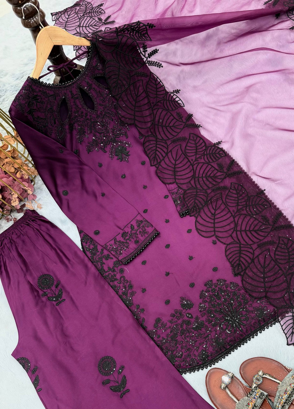 Designer Pure Satin Rayon Embroidered Long Kurti with Palazzo & Cutwork Organza Dupatta Set