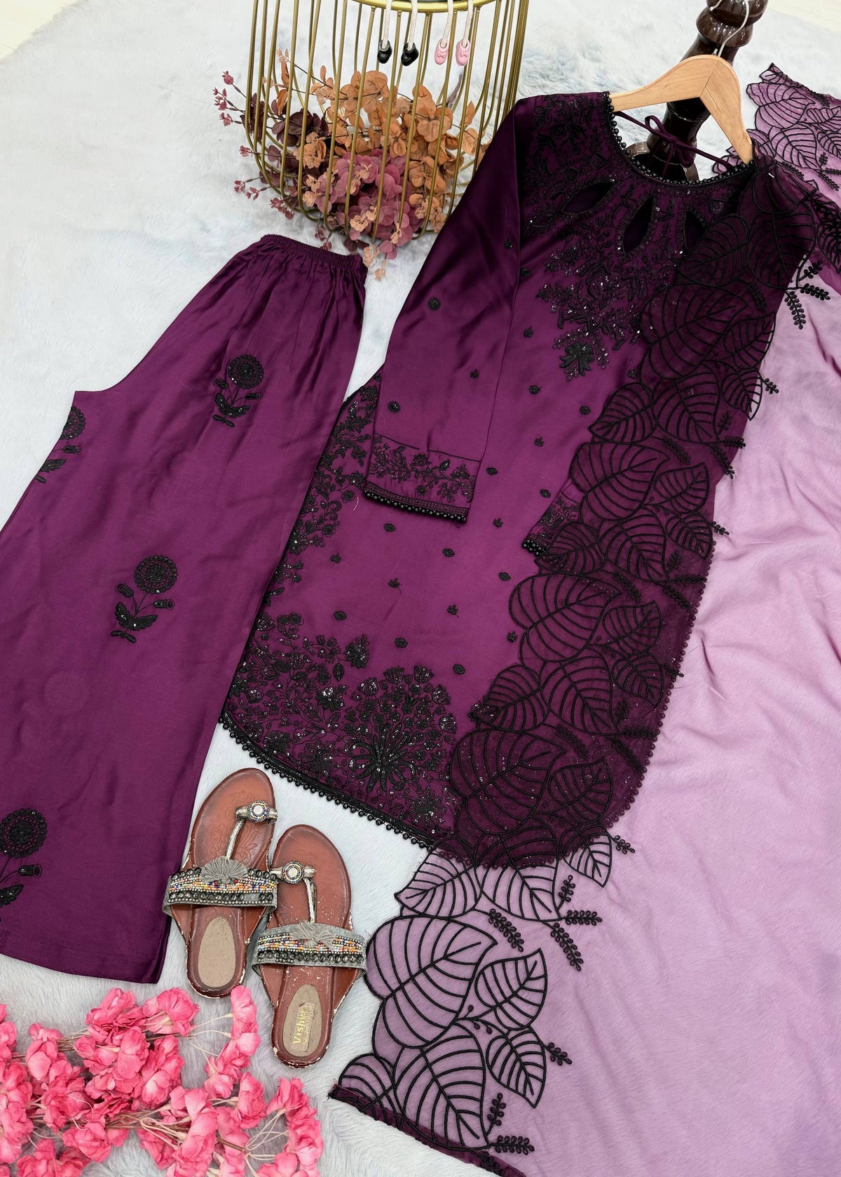 Designer Pure Satin Rayon Embroidered Long Kurti with Palazzo & Cutwork Organza Dupatta Set
