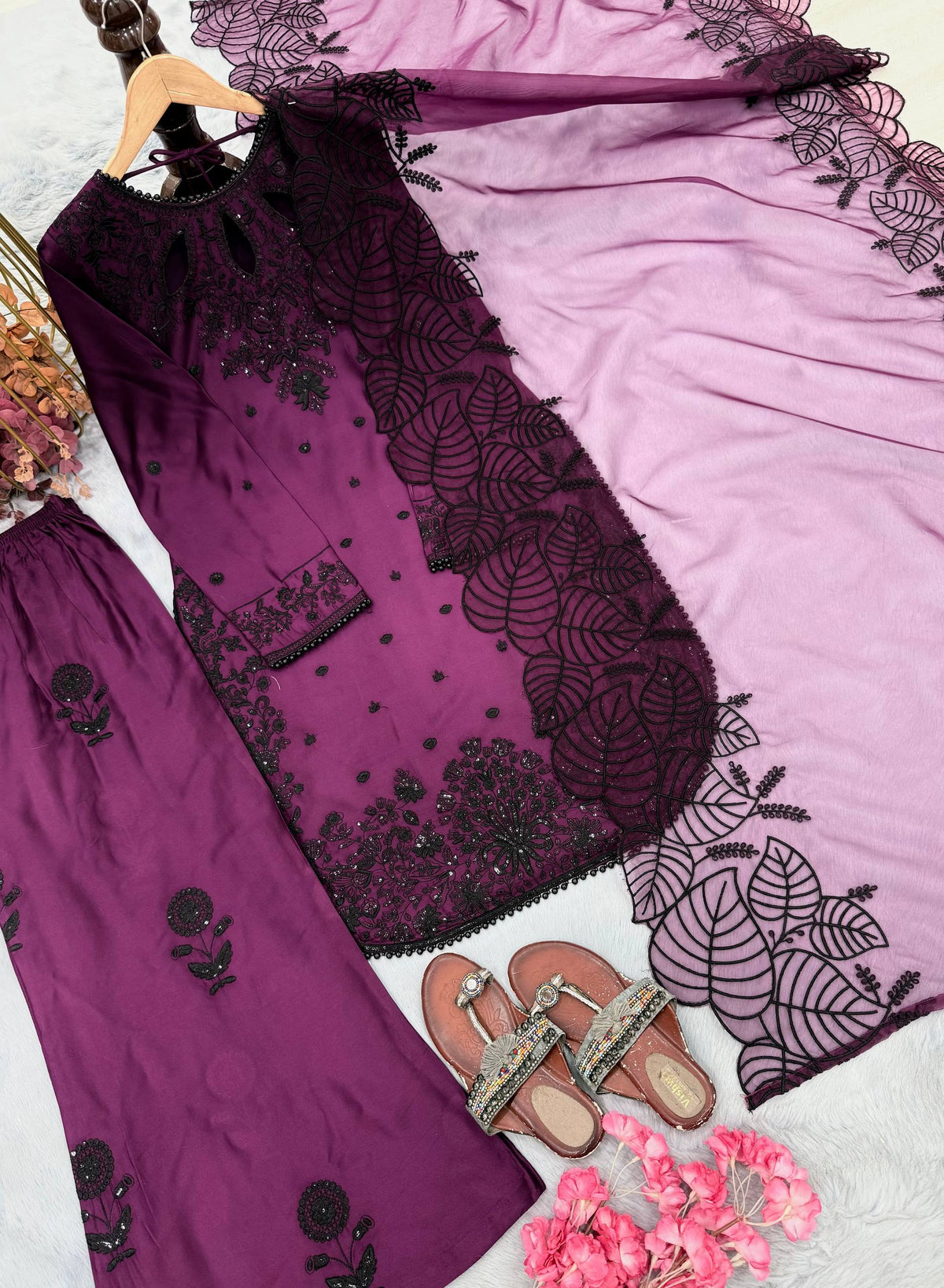 Designer Pure Satin Rayon Embroidered Long Kurti with Palazzo & Cutwork Organza Dupatta Set