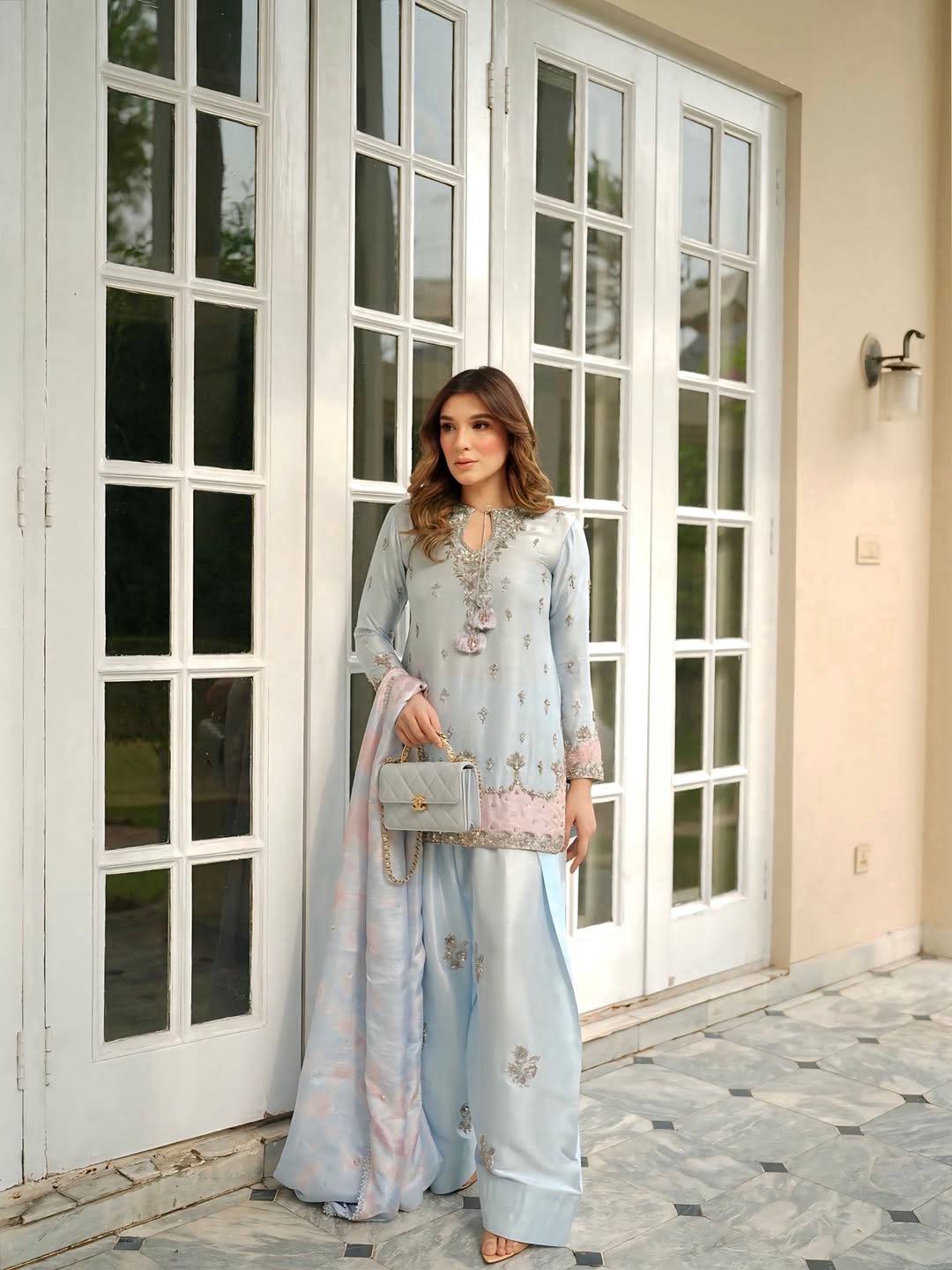 Pure Japan Satin Silk Ready to Wear Farshi Palazzo Suit Set with Digital Print Organza Dupatta