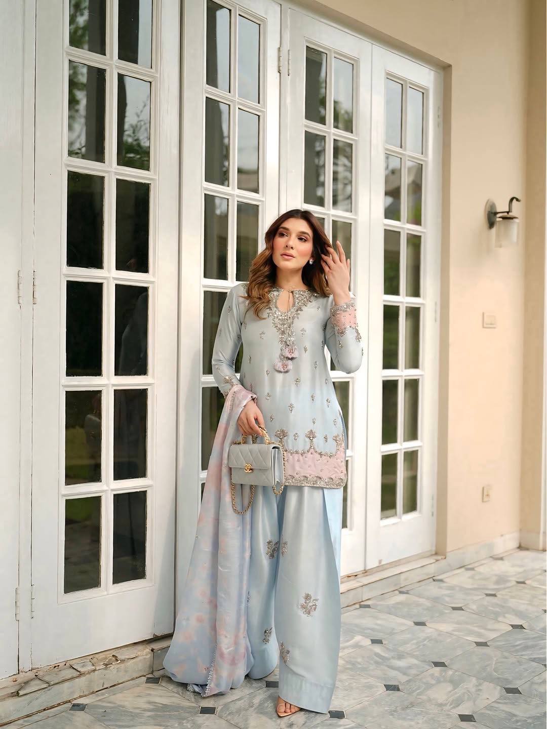 Pure Japan Satin Silk Ready to Wear Farshi Palazzo Suit Set with Digital Print Organza Dupatta