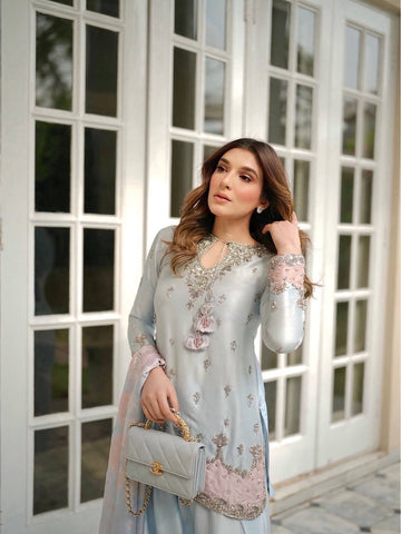 Pure Japan Satin Silk Ready to Wear Farshi Palazzo Suit Set with Digital Print Organza Dupatta