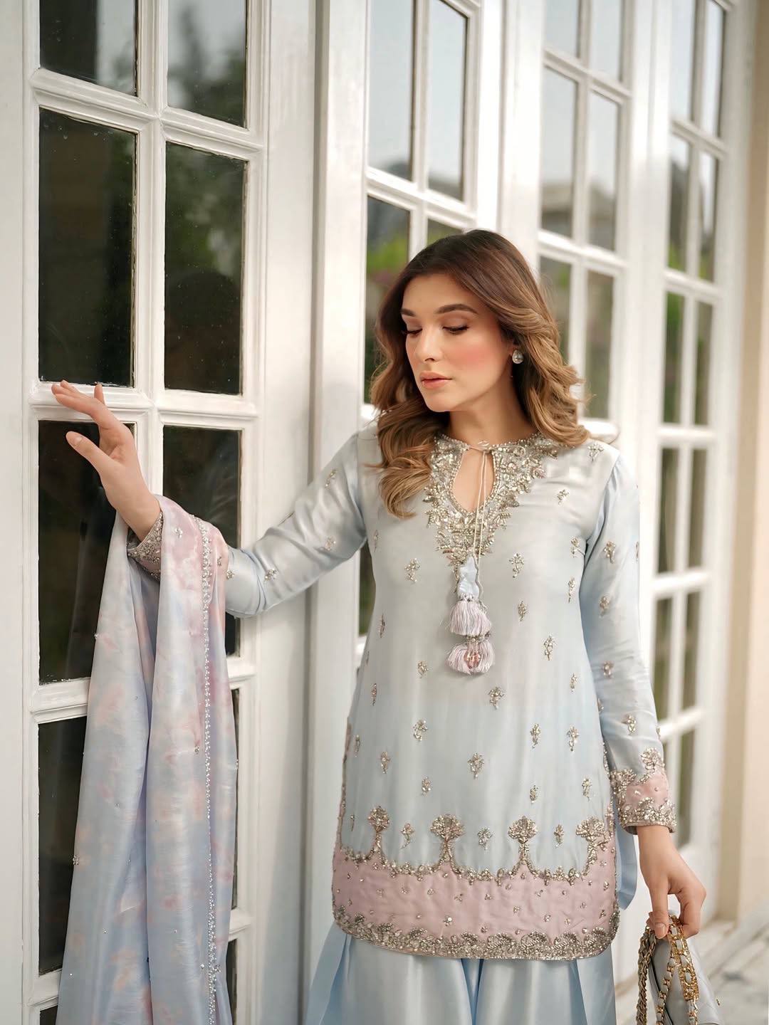 Pure Japan Satin Silk Ready to Wear Farshi Palazzo Suit Set with Digital Print Organza Dupatta