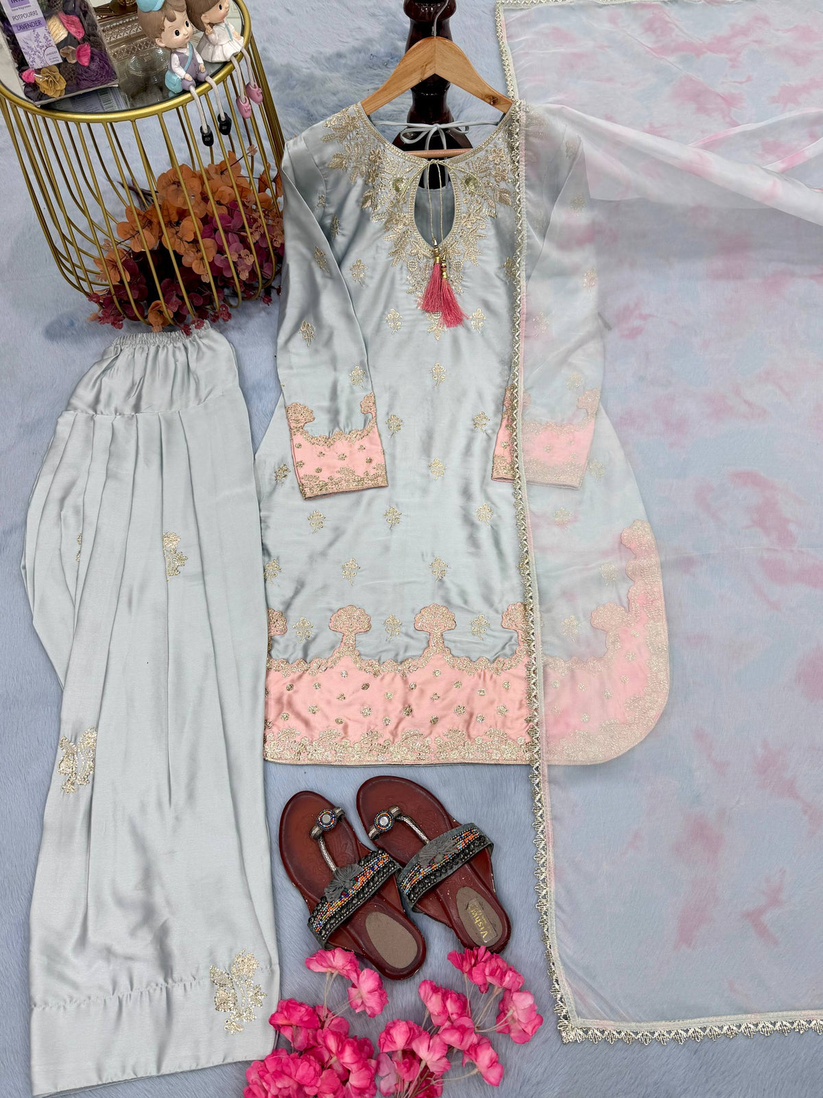 Pure Japan Satin Silk Ready to Wear Farshi Palazzo Suit Set with Digital Print Organza Dupatta