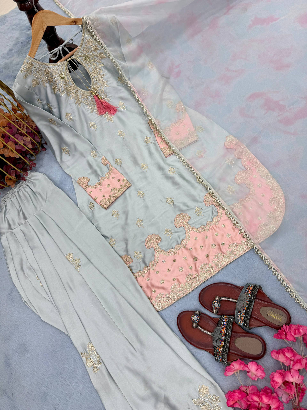 Pure Japan Satin Silk Ready to Wear Farshi Palazzo Suit Set with Digital Print Organza Dupatta