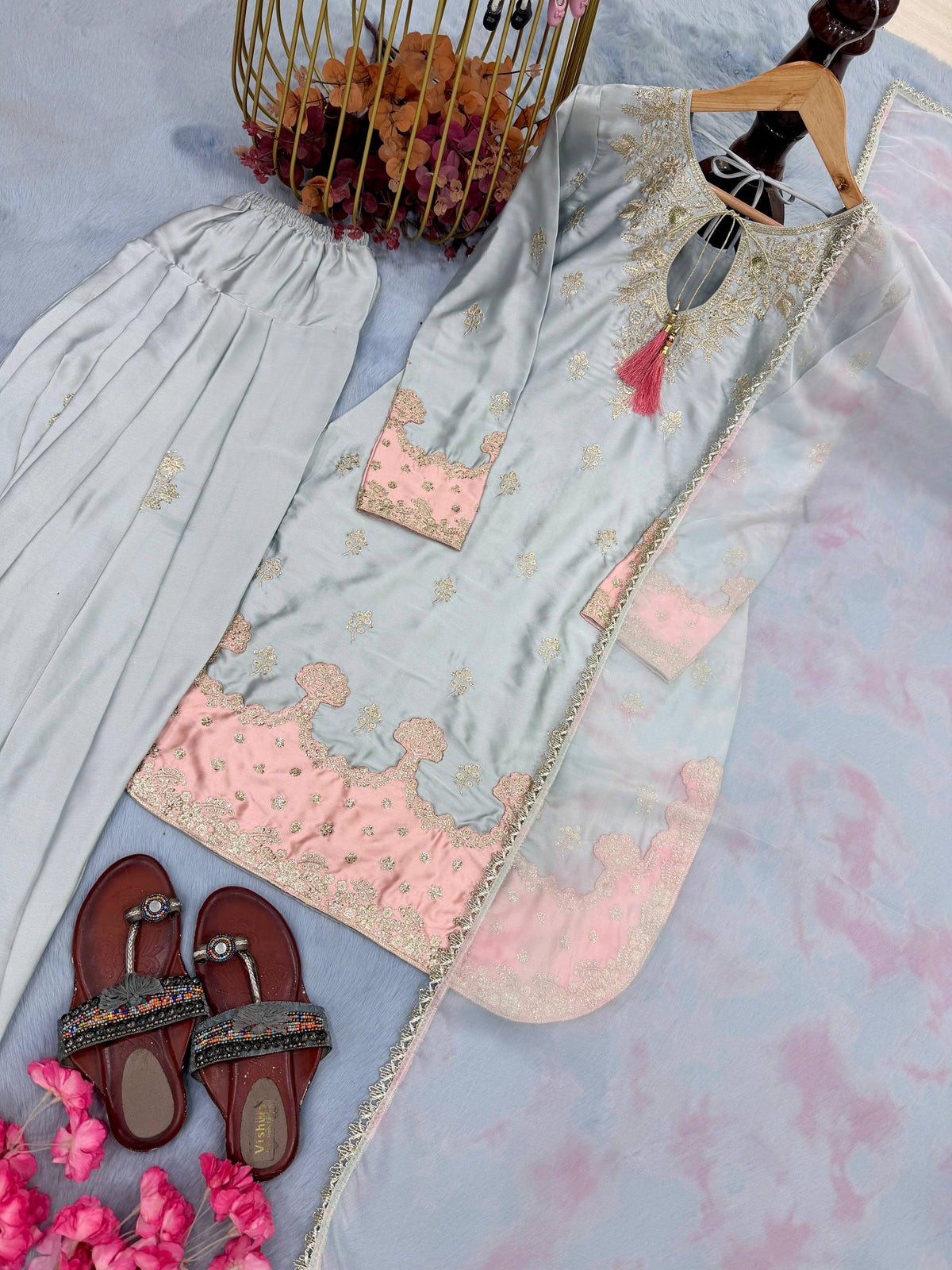Pure Japan Satin Silk Ready to Wear Farshi Palazzo Suit Set with Digital Print Organza Dupatta
