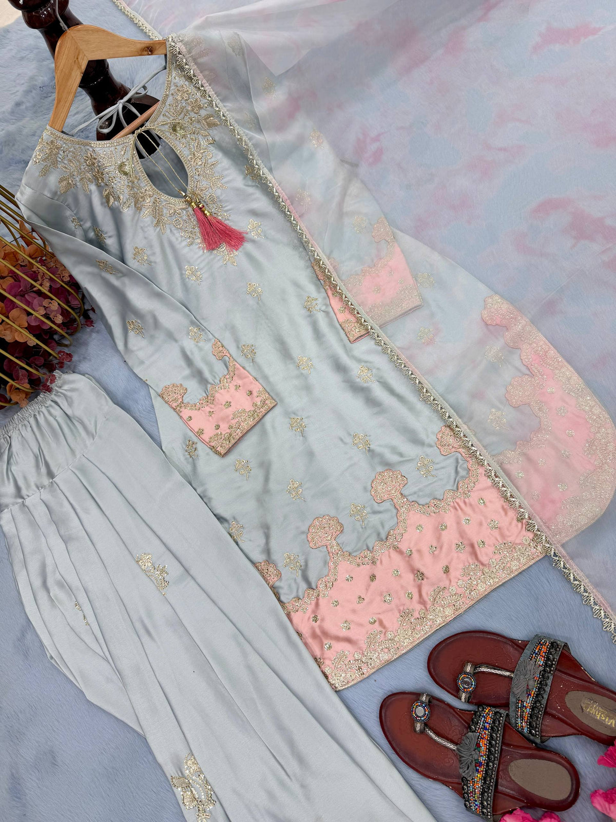 Pure Japan Satin Silk Ready to Wear Farshi Palazzo Suit Set with Digital Print Organza Dupatta