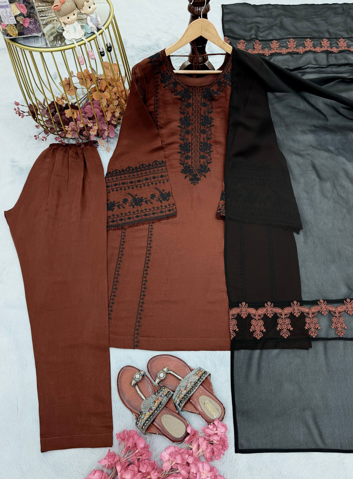 Designer Pure Roman Silk Kurti with GPU Lace Bell Sleeves & Embroidered Georgette Dupatta