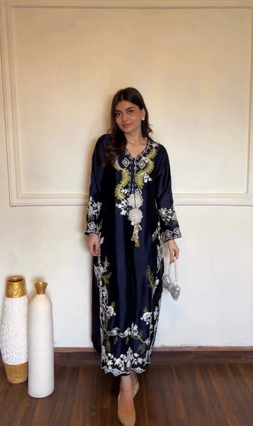Designer Oversized Embroidered Satin Rayon Long Kaftan with Pants & Shaded Dupatta 3-Piece Set