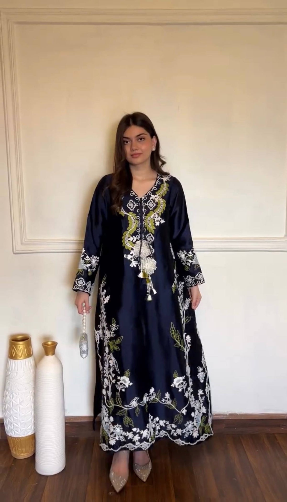 Designer Oversized Embroidered Satin Rayon Long Kaftan with Pants & Shaded Dupatta 3-Piece Set