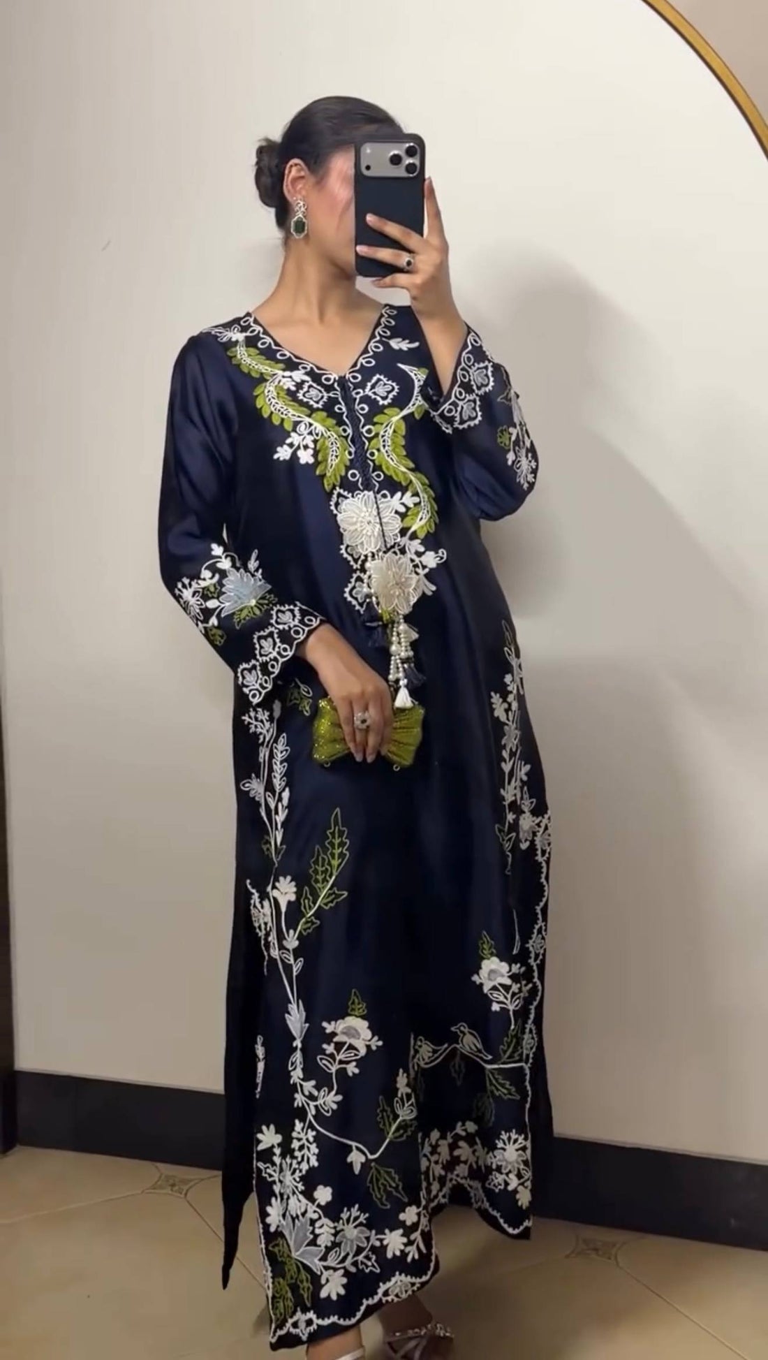 Designer Oversized Embroidered Satin Rayon Long Kaftan with Pants & Shaded Dupatta 3-Piece Set