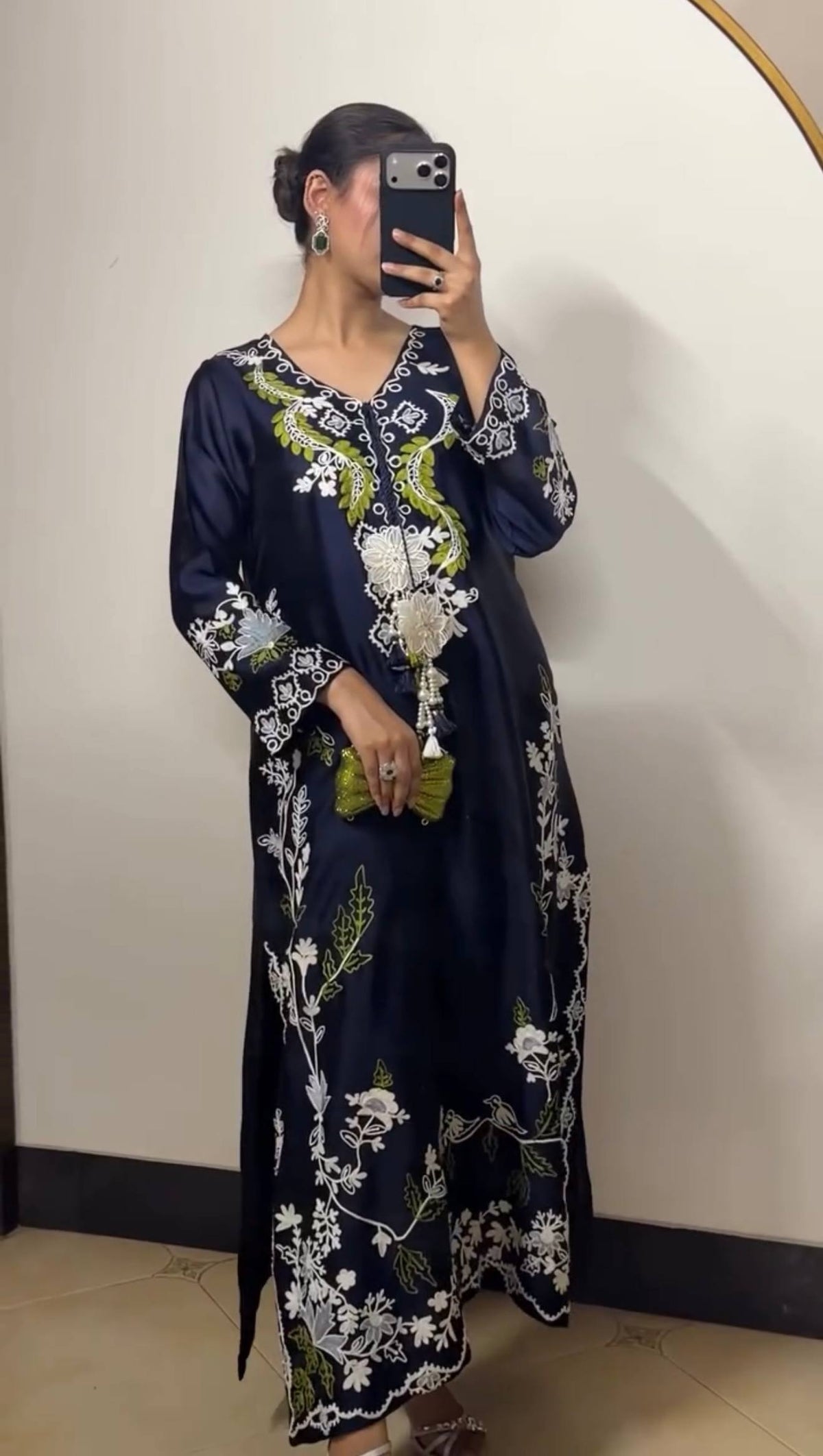 Designer Oversized Embroidered Satin Rayon Long Kaftan with Pants & Shaded Dupatta 3-Piece Set