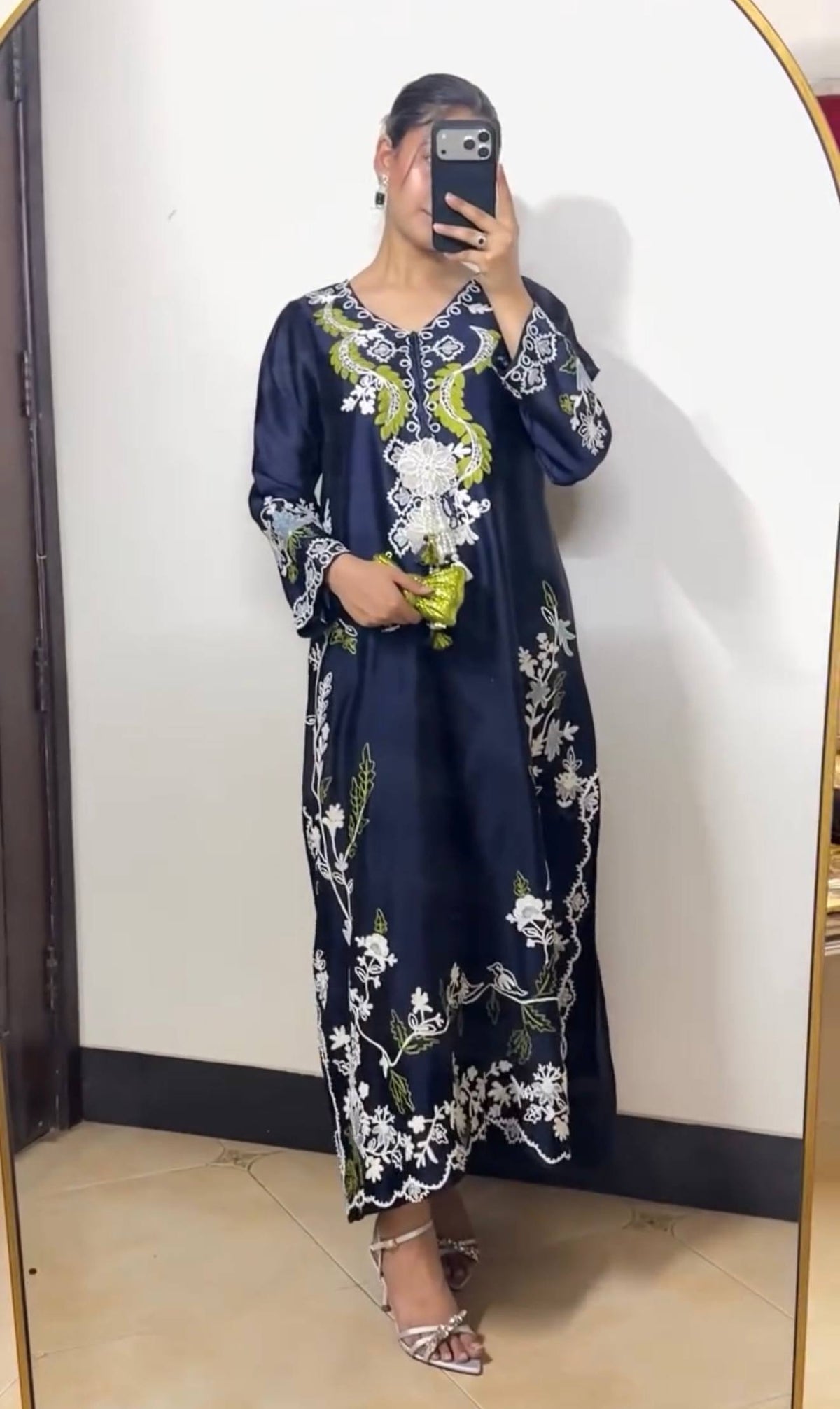 Designer Oversized Embroidered Satin Rayon Long Kaftan with Pants & Shaded Dupatta 3-Piece Set