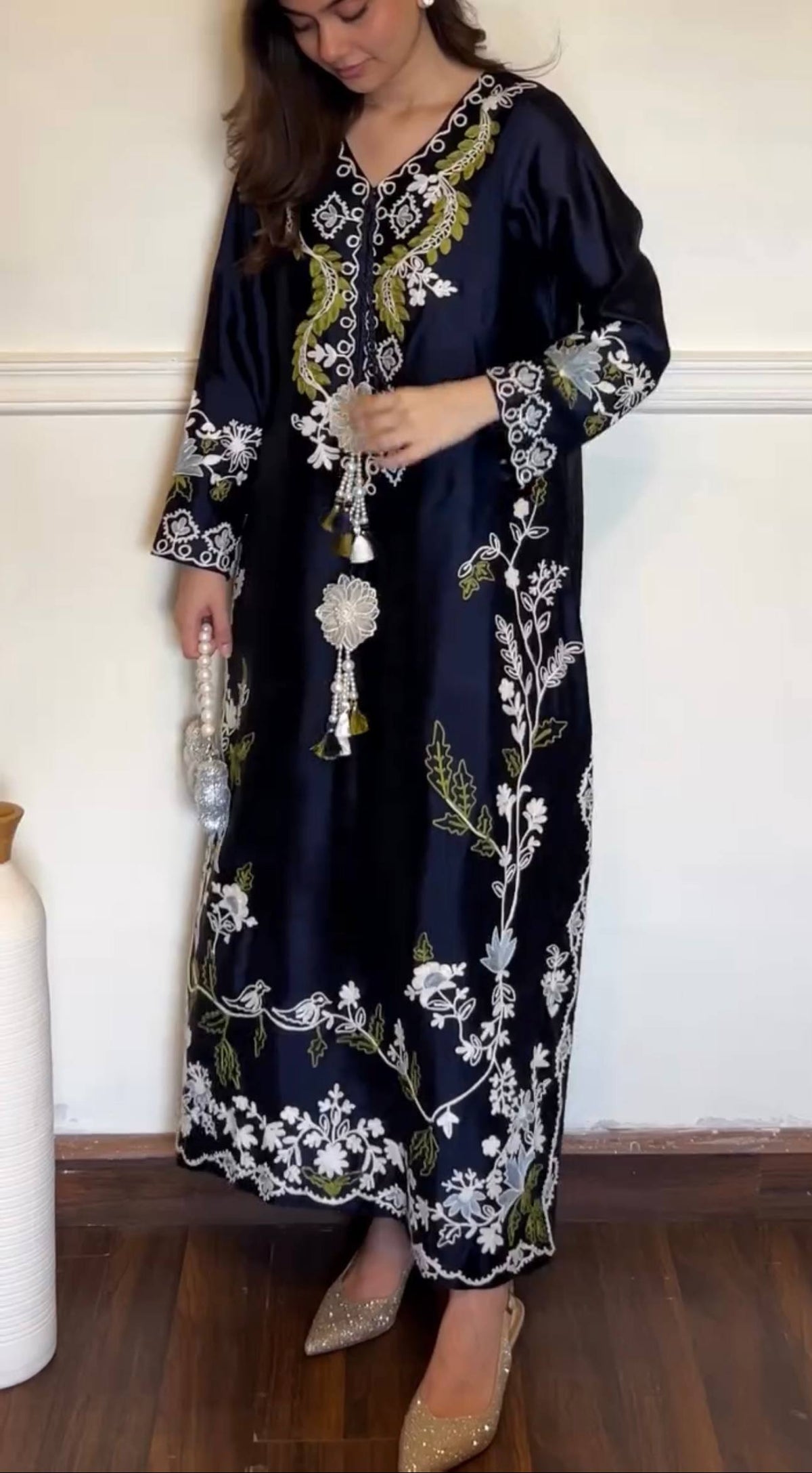 Designer Oversized Embroidered Satin Rayon Long Kaftan with Pants & Shaded Dupatta 3-Piece Set