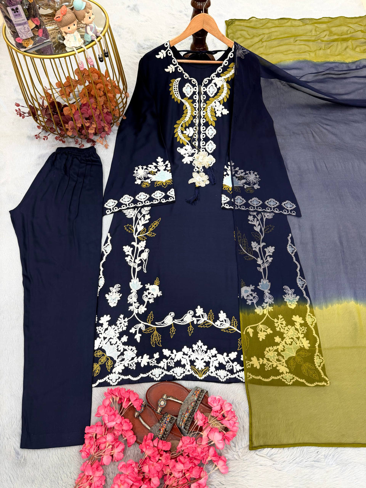 Designer Oversized Embroidered Satin Rayon Long Kaftan with Pants & Shaded Dupatta 3-Piece Set
