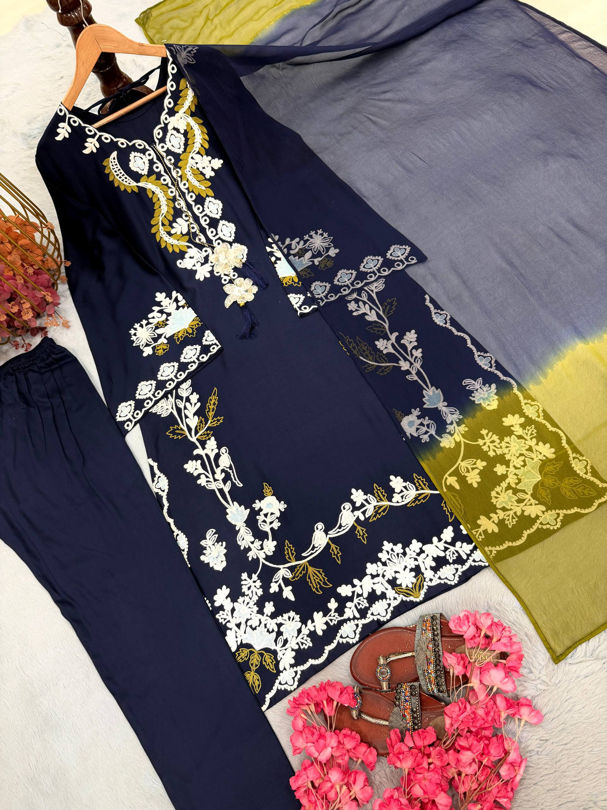 Designer Oversized Embroidered Satin Rayon Long Kaftan with Pants & Shaded Dupatta 3-Piece Set