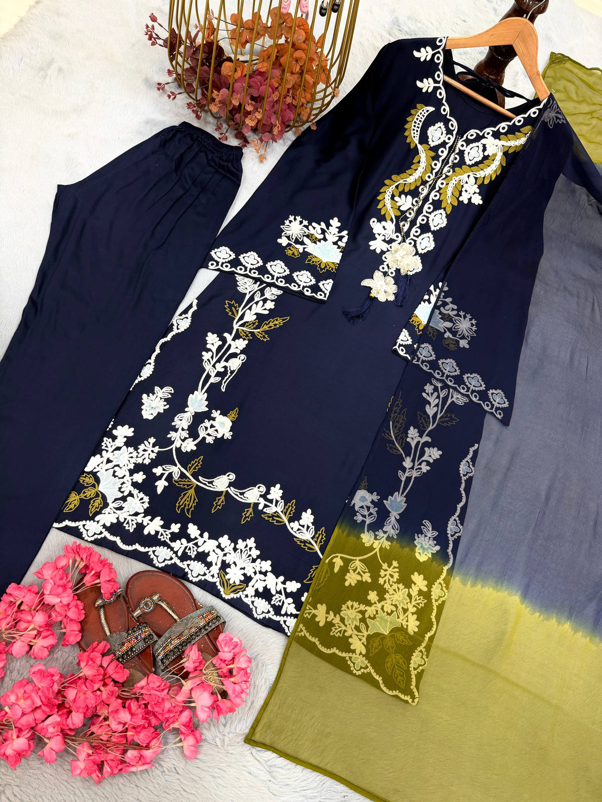 Designer Oversized Embroidered Satin Rayon Long Kaftan with Pants & Shaded Dupatta 3-Piece Set