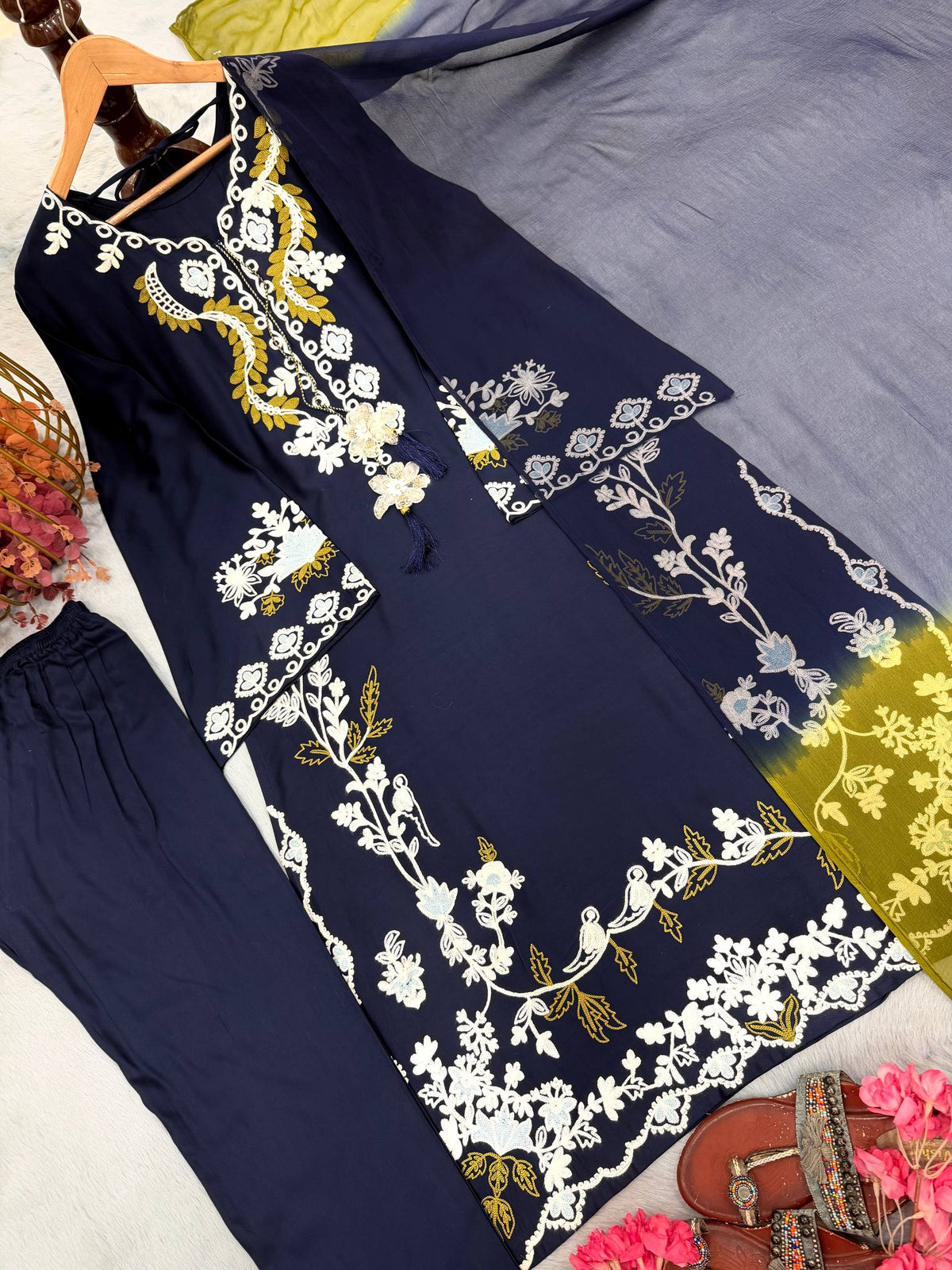 Designer Oversized Embroidered Satin Rayon Long Kaftan with Pants & Shaded Dupatta 3-Piece Set