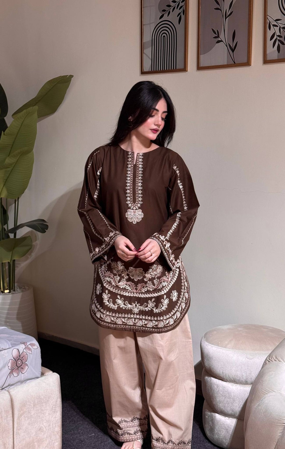 Designer Pure Roman Silk Party Wear Top with Embroidered Farshi Palazzo 2-Piece Set