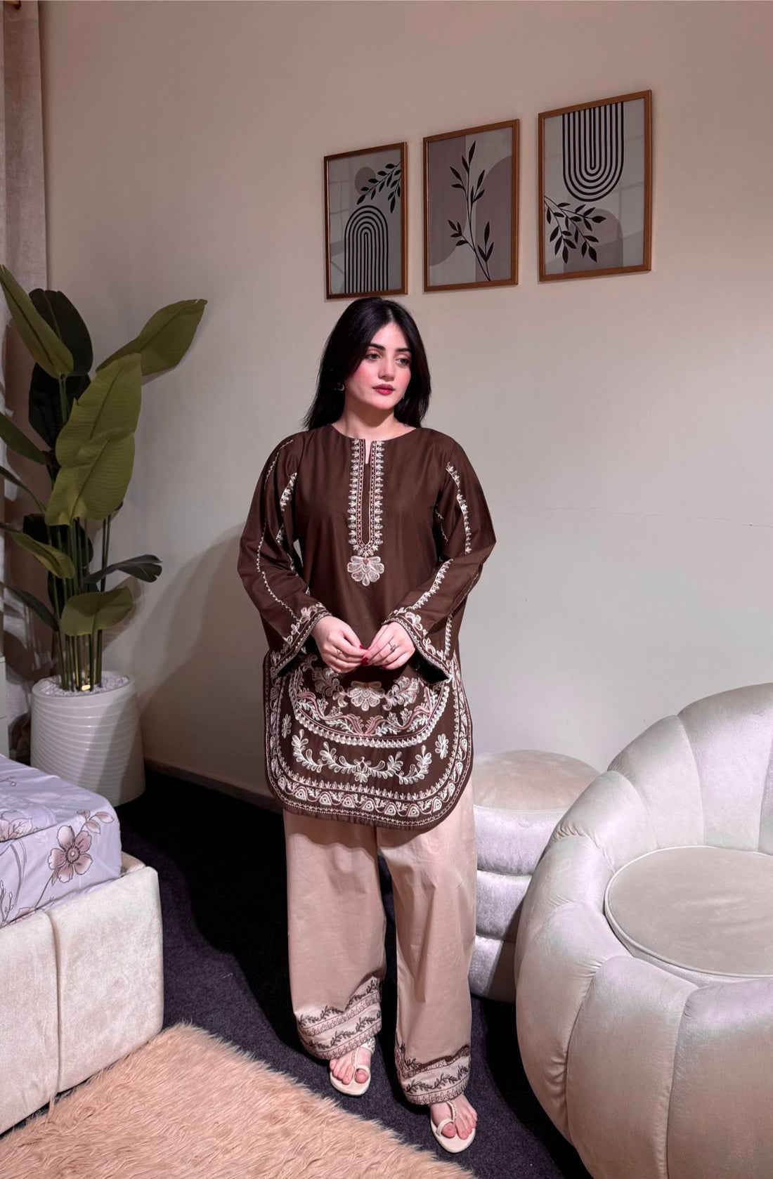 Designer Pure Roman Silk Party Wear Top with Embroidered Farshi Palazzo 2-Piece Set