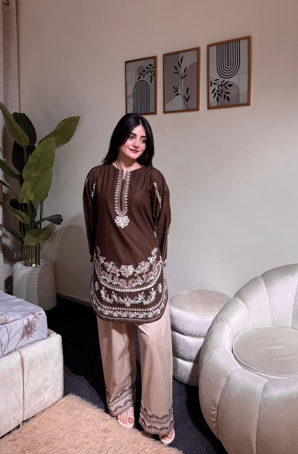 Designer Pure Roman Silk Party Wear Top with Embroidered Farshi Palazzo 2-Piece Set