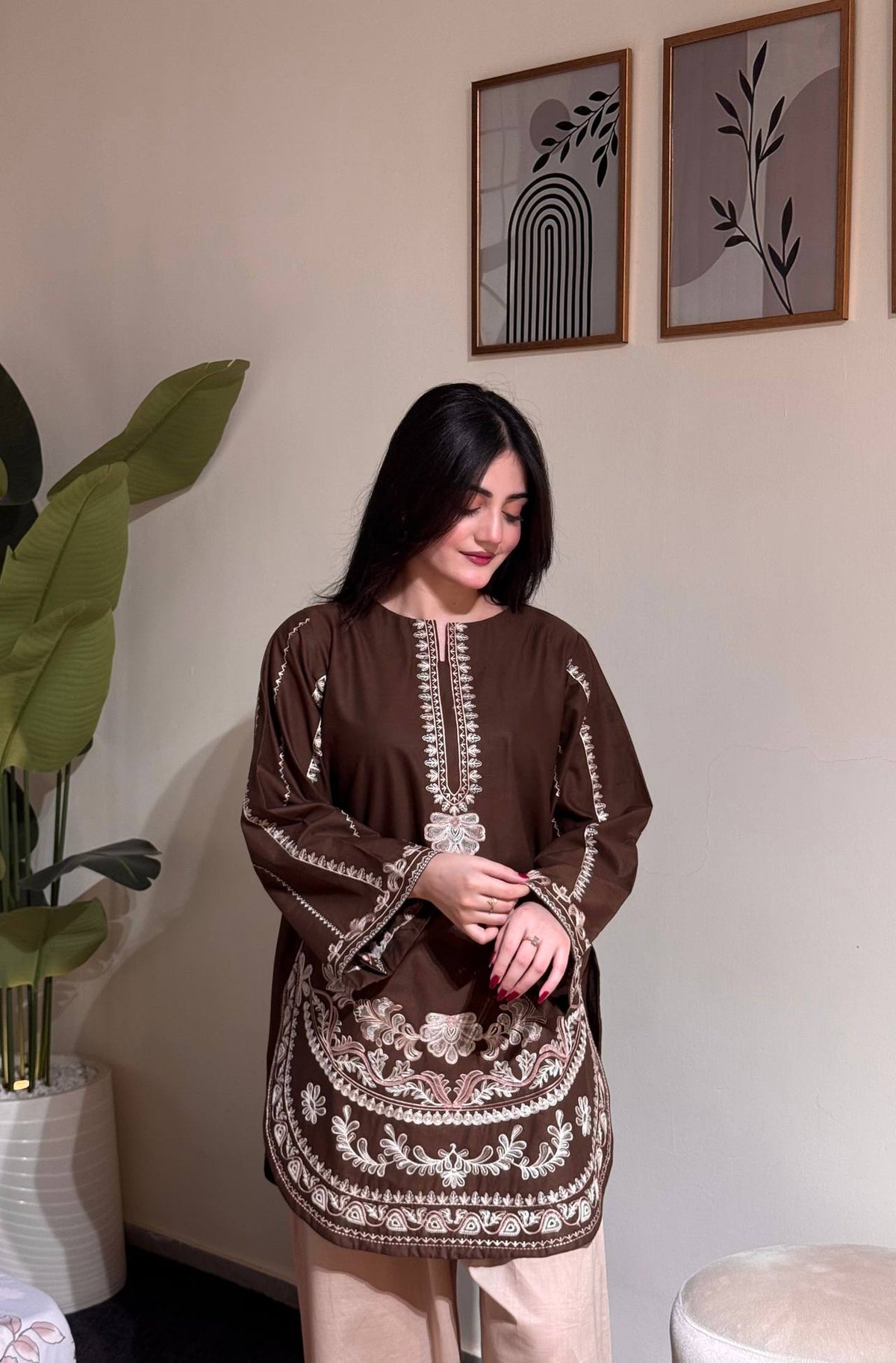 Designer Pure Roman Silk Party Wear Top with Embroidered Farshi Palazzo 2-Piece Set