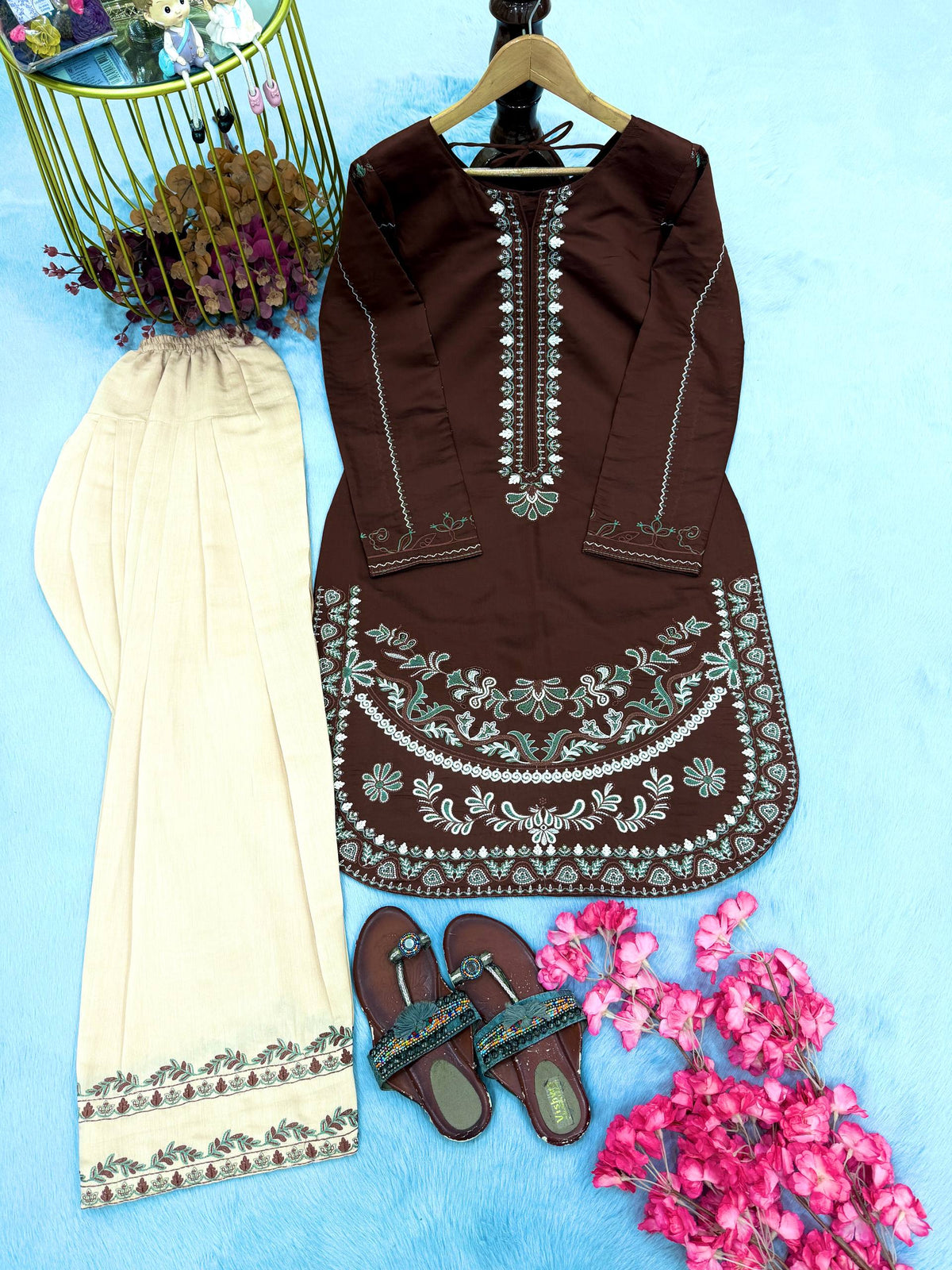 Designer Pure Roman Silk Party Wear Top with Embroidered Farshi Palazzo 2-Piece Set
