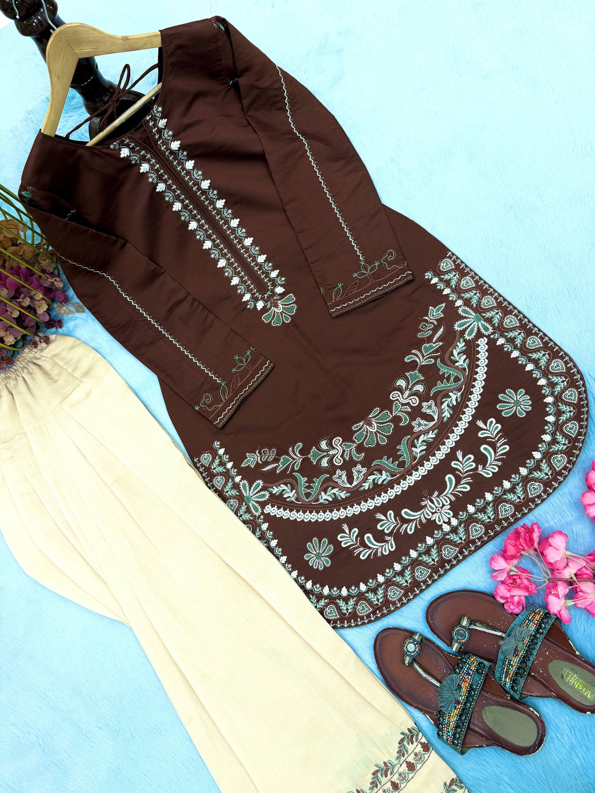 Designer Pure Roman Silk Party Wear Top with Embroidered Farshi Palazzo 2-Piece Set