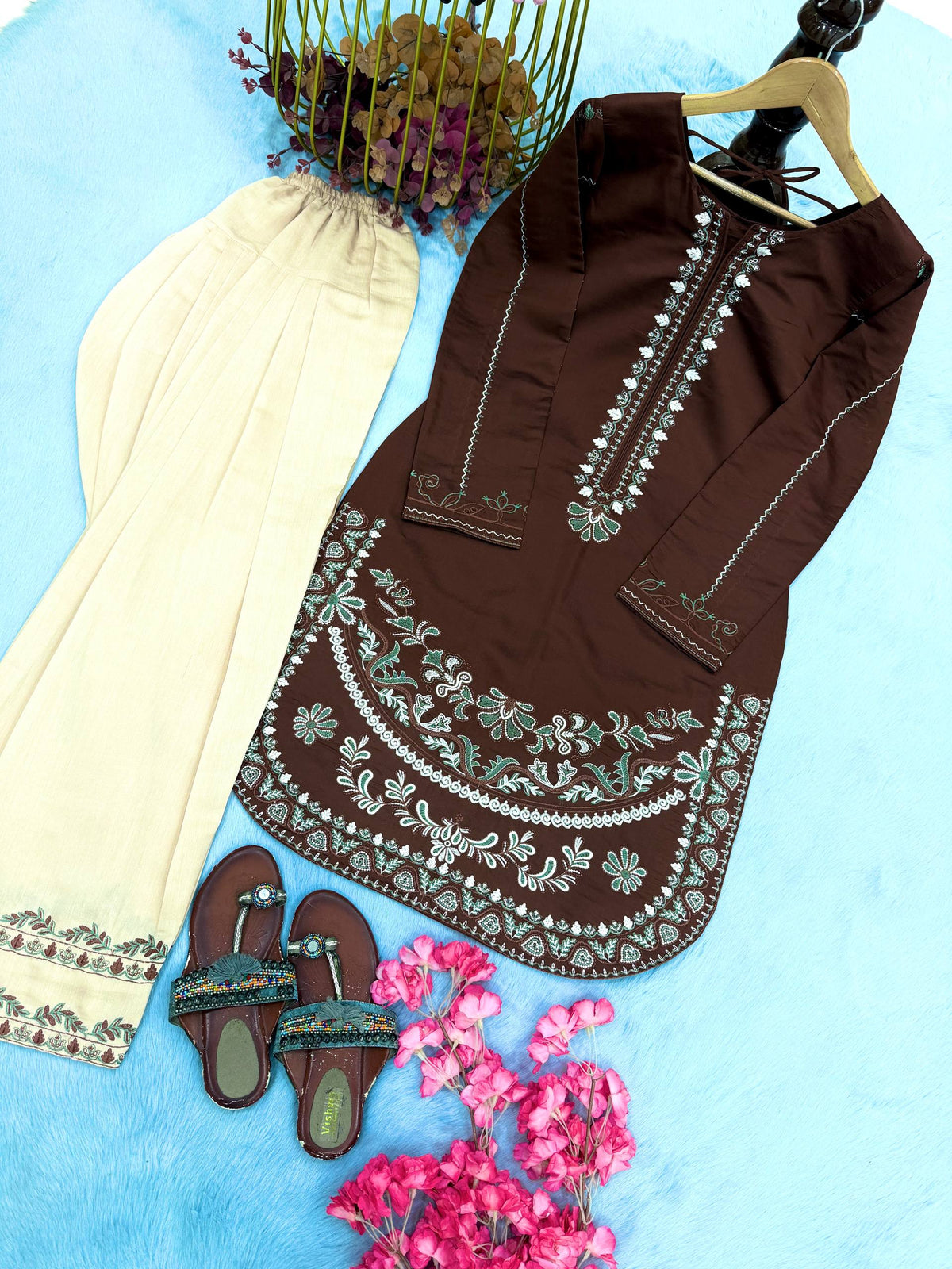 Designer Pure Roman Silk Party Wear Top with Embroidered Farshi Palazzo 2-Piece Set