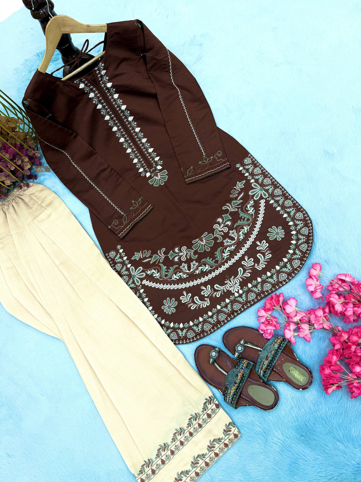 Designer Pure Roman Silk Party Wear Top with Embroidered Farshi Palazzo 2-Piece Set