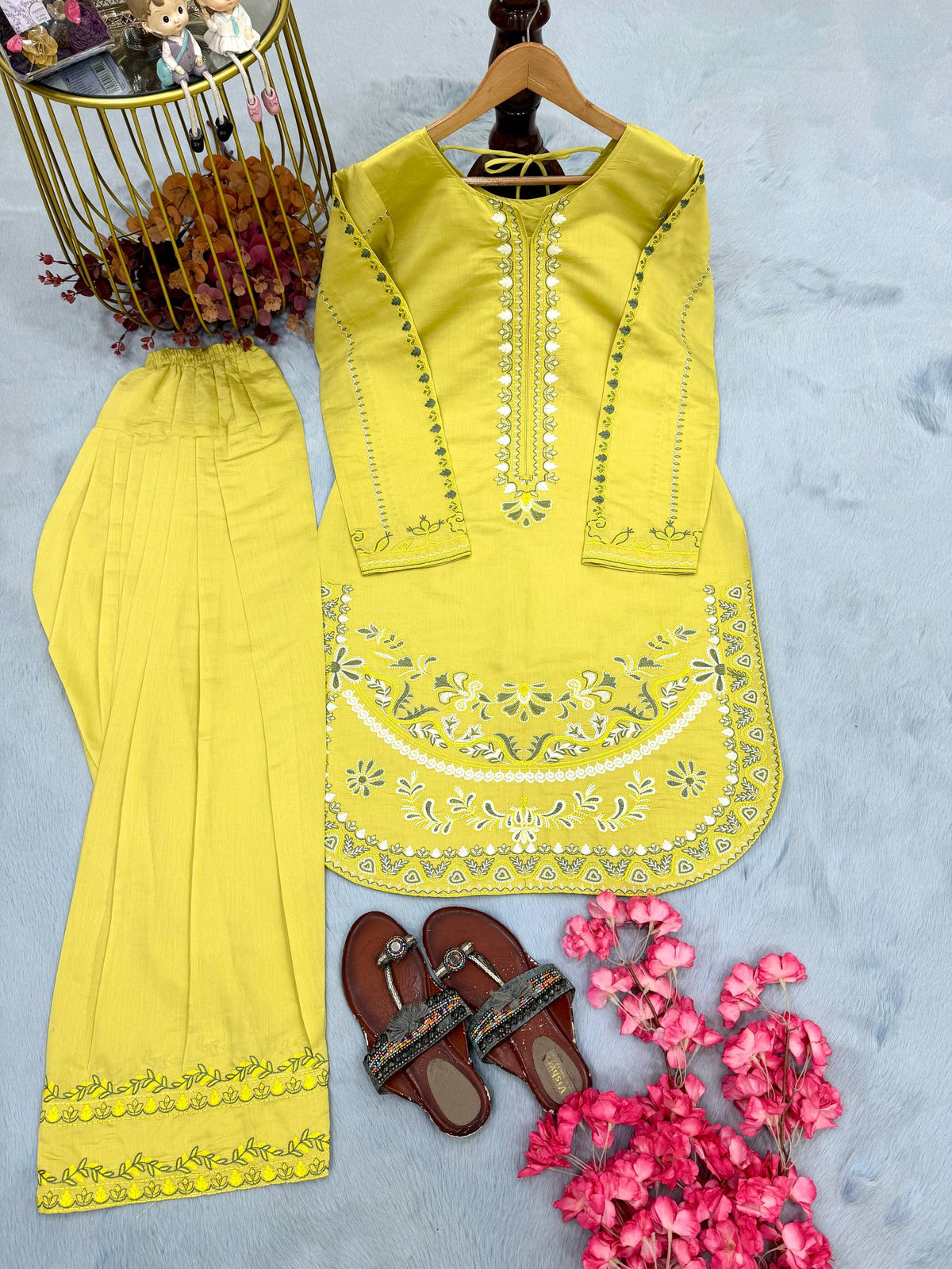 Designer Pure Roman Silk Party Wear Top with Embroidered Farshi Palazzo 2-Piece Set