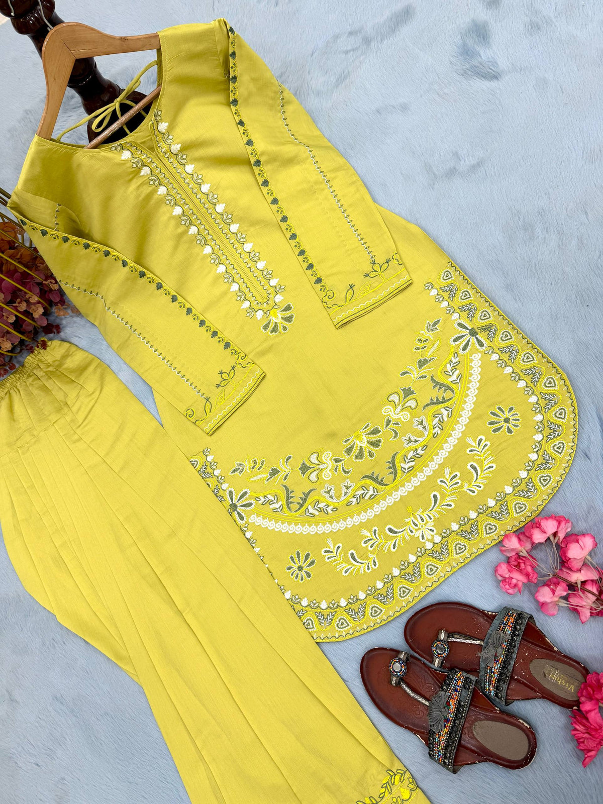 Designer Pure Roman Silk Party Wear Top with Embroidered Farshi Palazzo 2-Piece Set