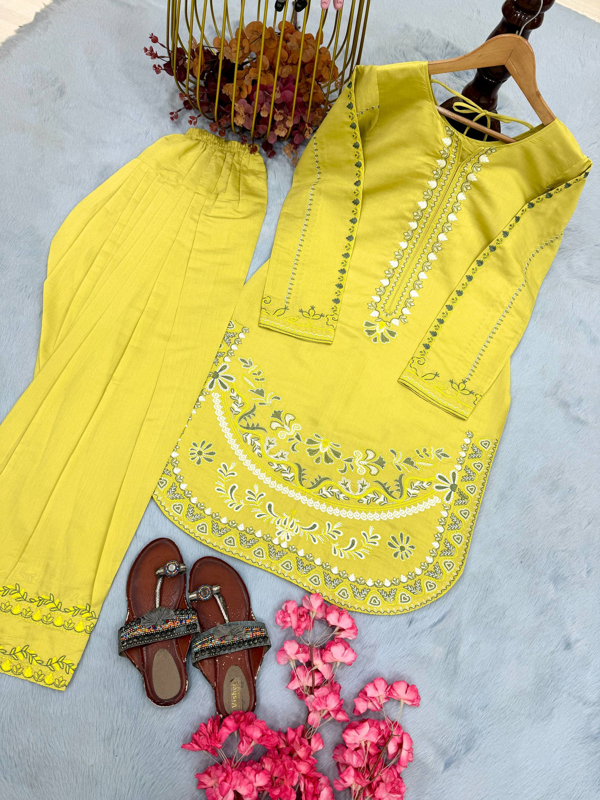 Designer Pure Roman Silk Party Wear Top with Embroidered Farshi Palazzo 2-Piece Set