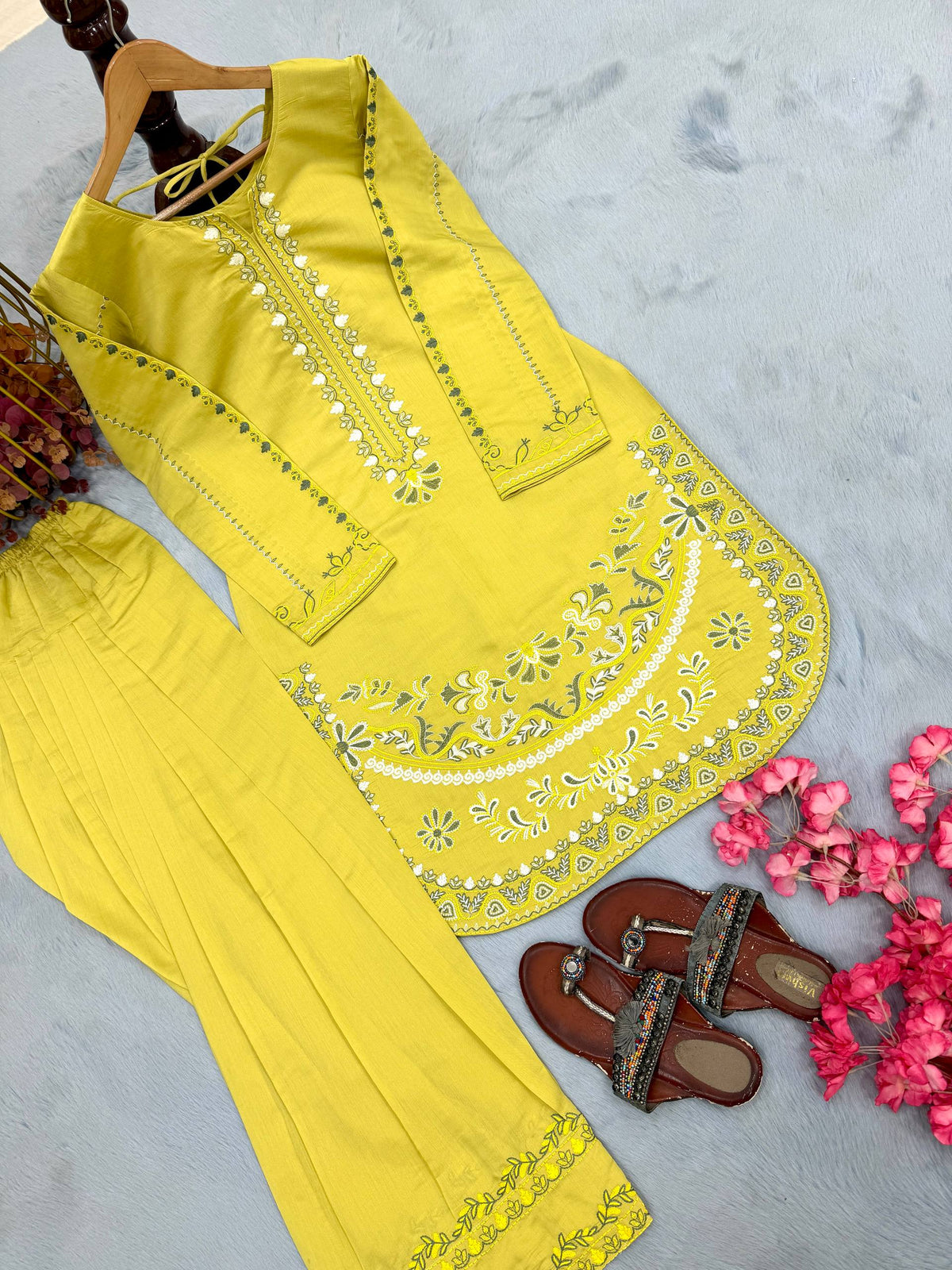 Designer Pure Roman Silk Party Wear Top with Embroidered Farshi Palazzo 2-Piece Set