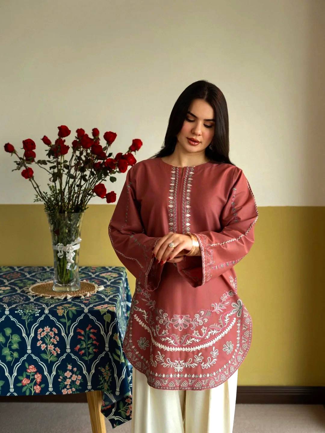 Designer Pure Roman Silk Party Wear Top with Embroidered Farshi Palazzo 2-Piece Set