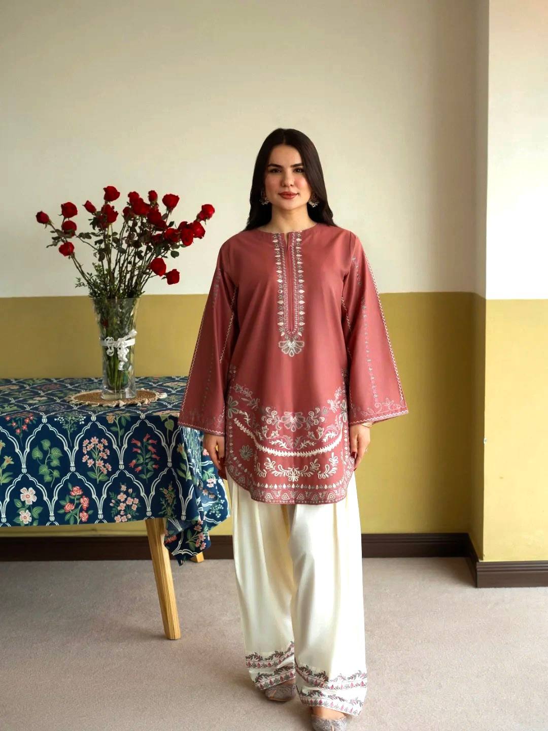 Designer Pure Roman Silk Party Wear Top with Embroidered Farshi Palazzo 2-Piece Set