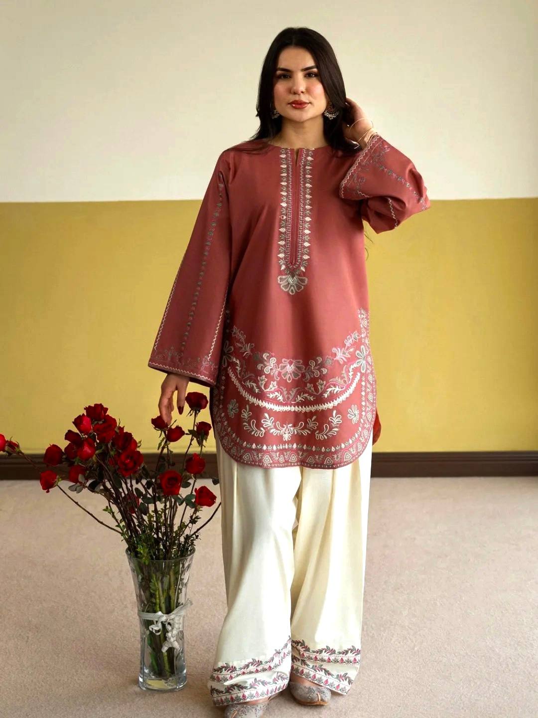 Designer Pure Roman Silk Party Wear Top with Embroidered Farshi Palazzo 2-Piece Set