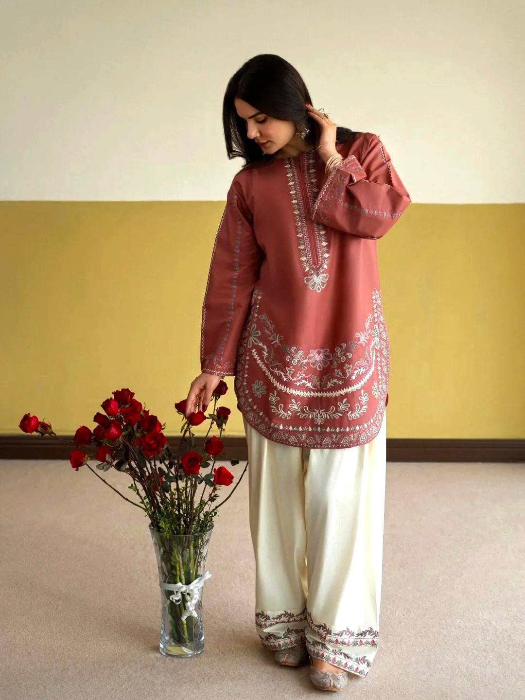 Designer Pure Roman Silk Party Wear Top with Embroidered Farshi Palazzo 2-Piece Set