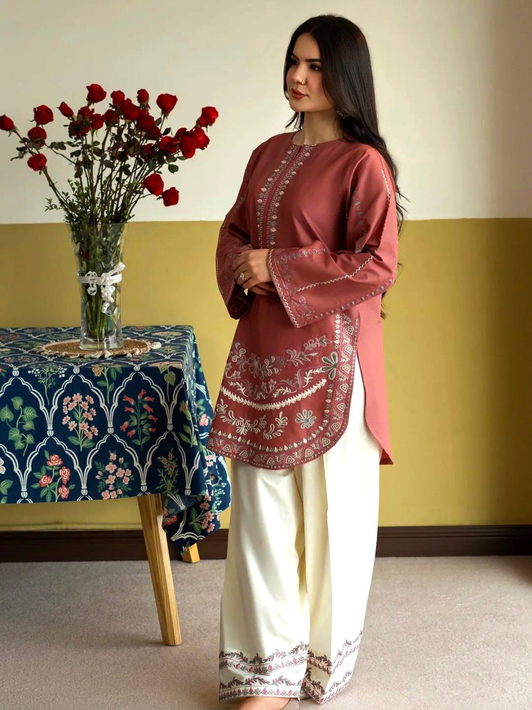 Designer Pure Roman Silk Party Wear Top with Embroidered Farshi Palazzo 2-Piece Set