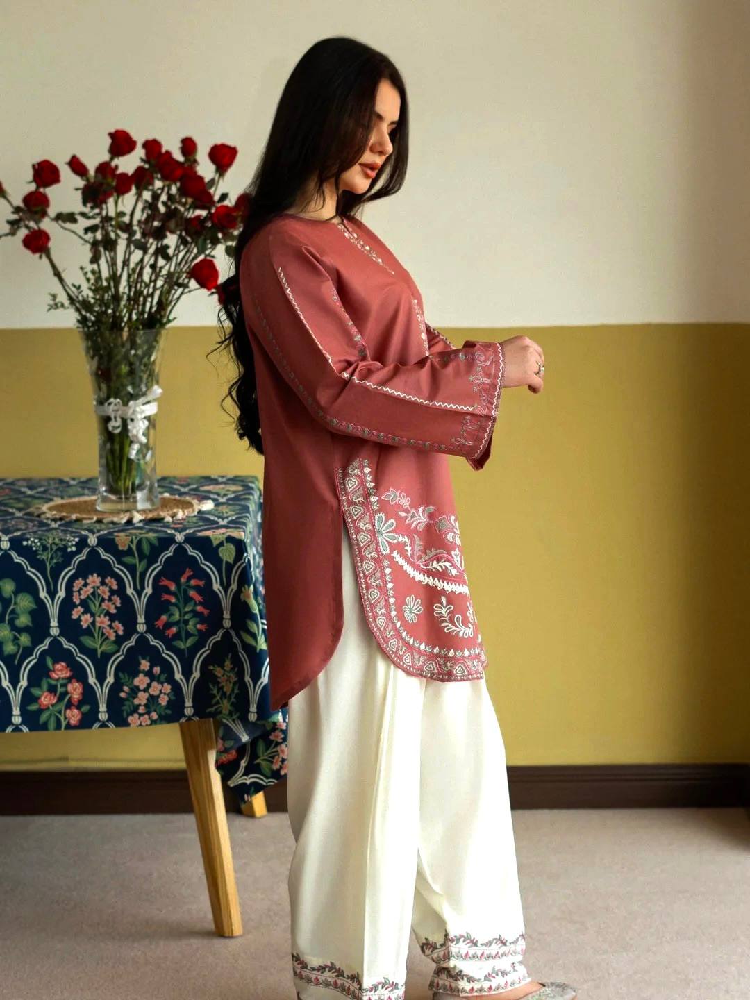 Designer Pure Roman Silk Party Wear Top with Embroidered Farshi Palazzo 2-Piece Set