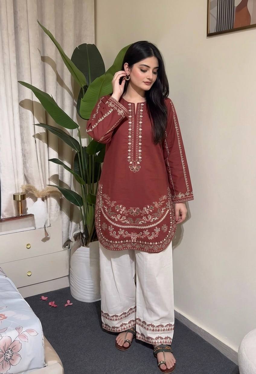 Designer Pure Roman Silk Party Wear Top with Embroidered Farshi Palazzo 2-Piece Set