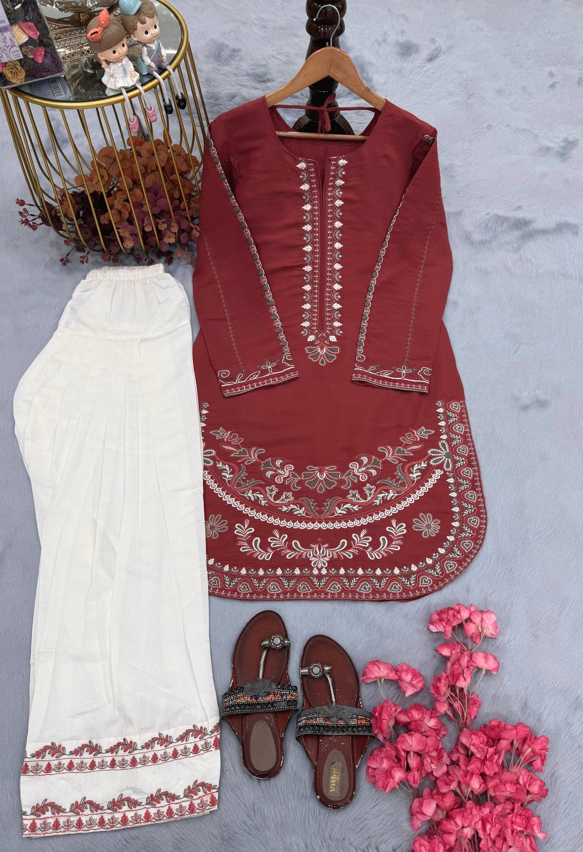Designer Pure Roman Silk Party Wear Top with Embroidered Farshi Palazzo 2-Piece Set