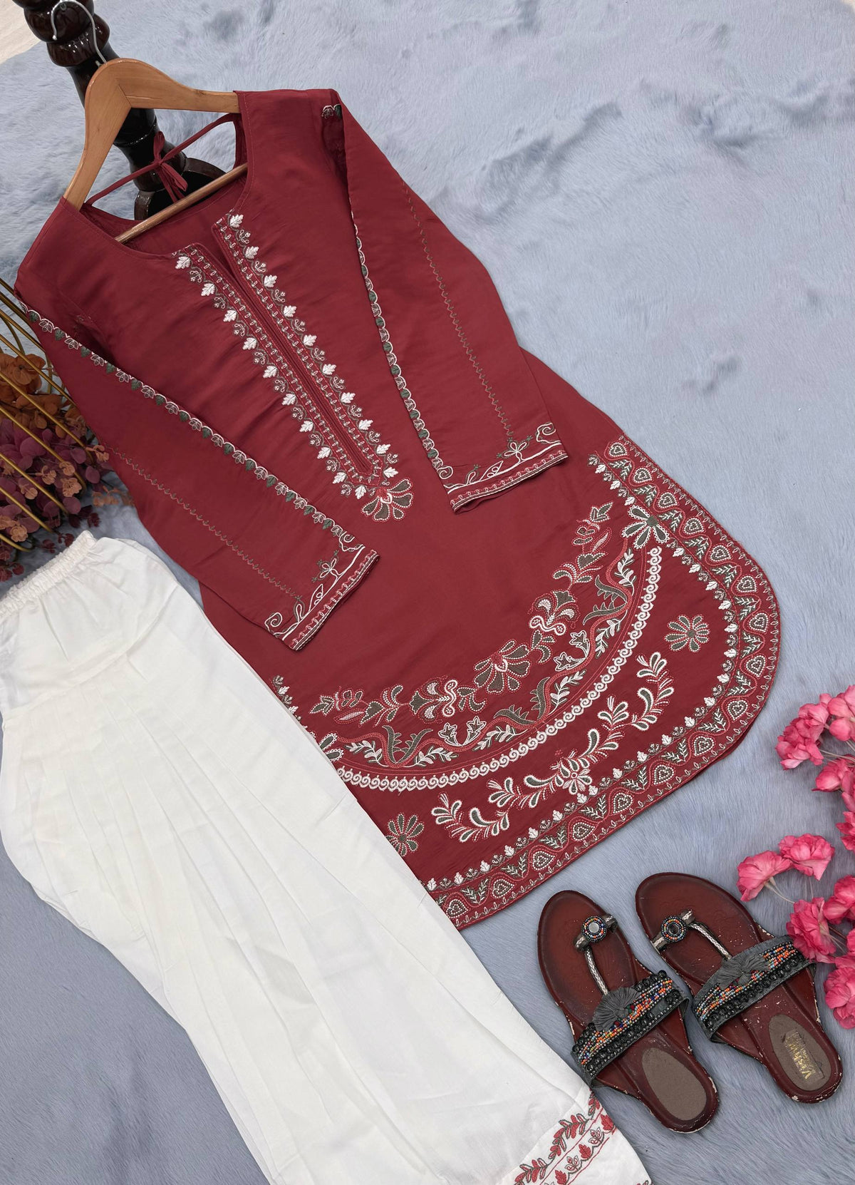 Designer Pure Roman Silk Party Wear Top with Embroidered Farshi Palazzo 2-Piece Set
