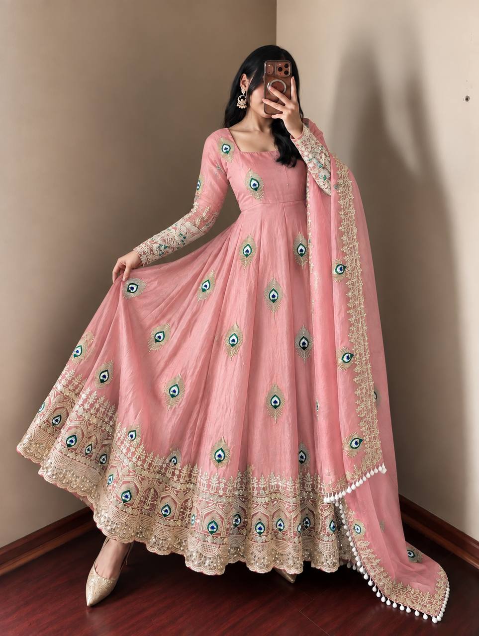 Party Wear Fendy Silk Heavy Embroidered Gown Set with Pant & Dupatta