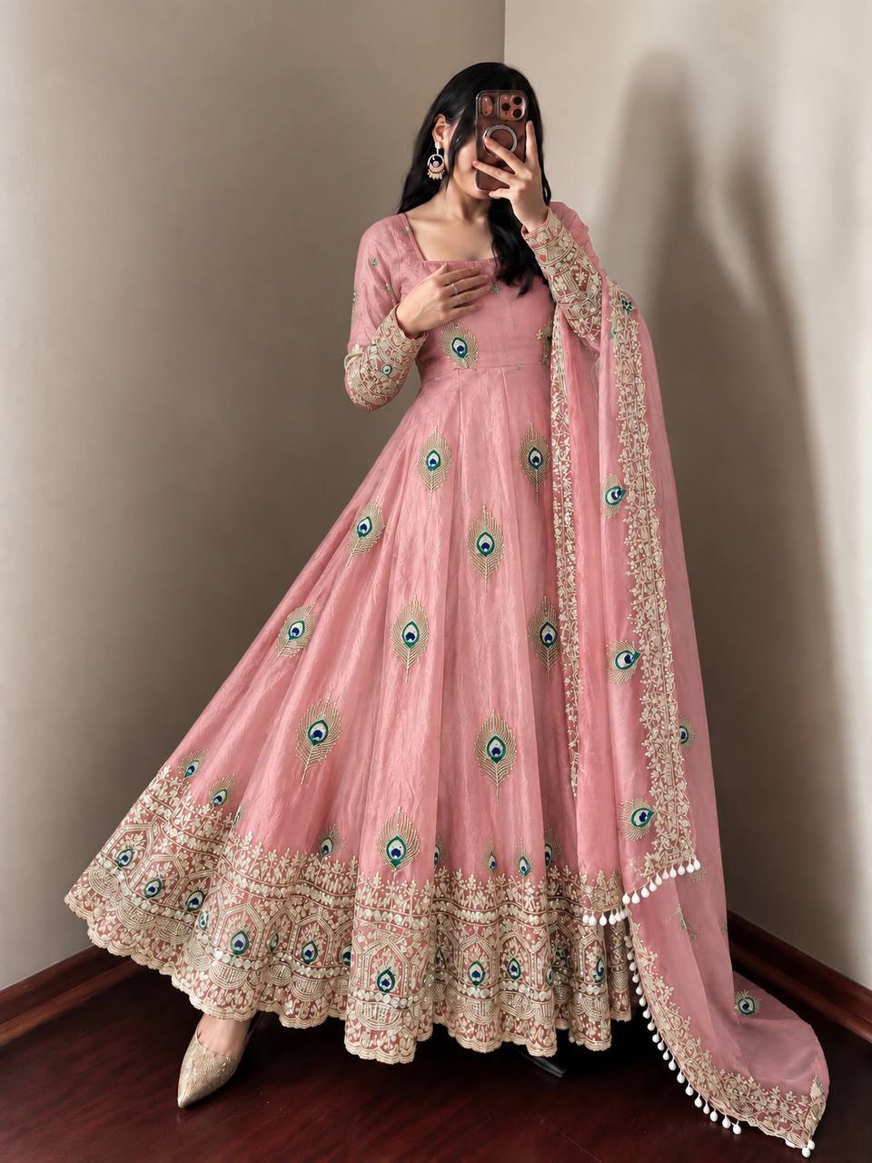 Party Wear Fendy Silk Heavy Embroidered Gown Set with Pant & Dupatta